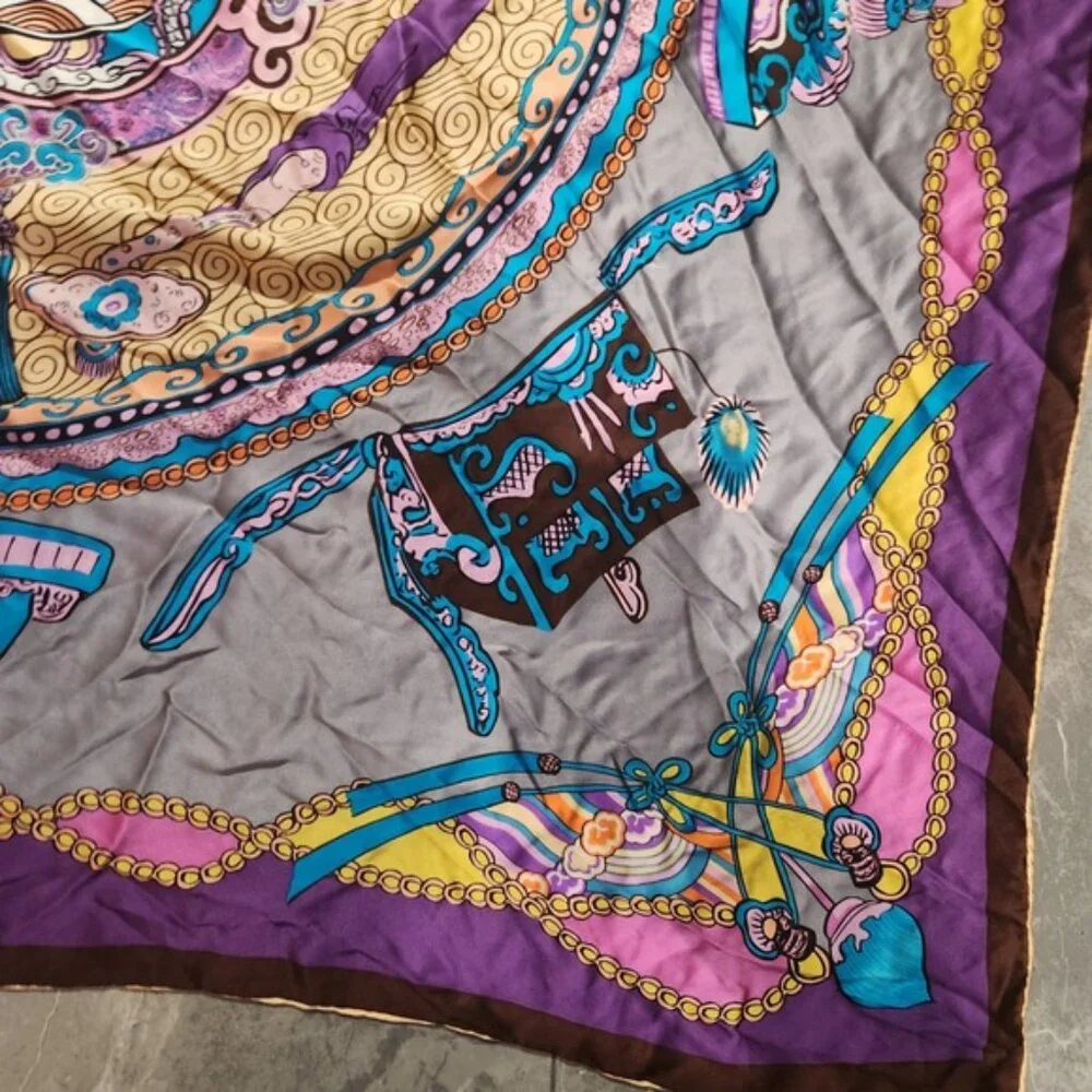 Luxury Silk Scarf Square Neck Wrap Scarf tolled edge Bashidi Purple‎ Gold Blue